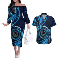 Personalised FSM Pohnpei Couples Matching Off The Shoulder Long Sleeve Dress and Hawaiian Shirt Ocean Floral Pattern LT05 Blue - Polynesian Pride