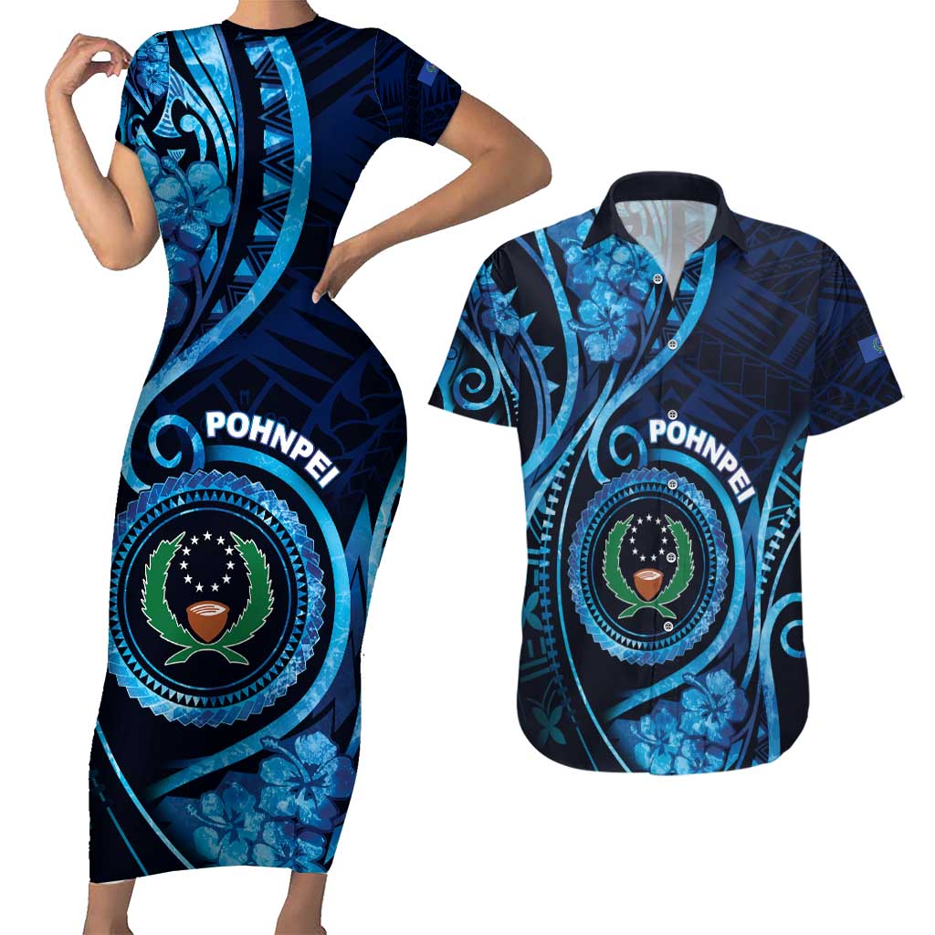 Personalised FSM Pohnpei Couples Matching Short Sleeve Bodycon Dress and Hawaiian Shirt Ocean Floral Pattern LT05 Blue - Polynesian Pride