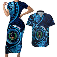 Personalised FSM Pohnpei Couples Matching Short Sleeve Bodycon Dress and Hawaiian Shirt Ocean Floral Pattern LT05 Blue - Polynesian Pride