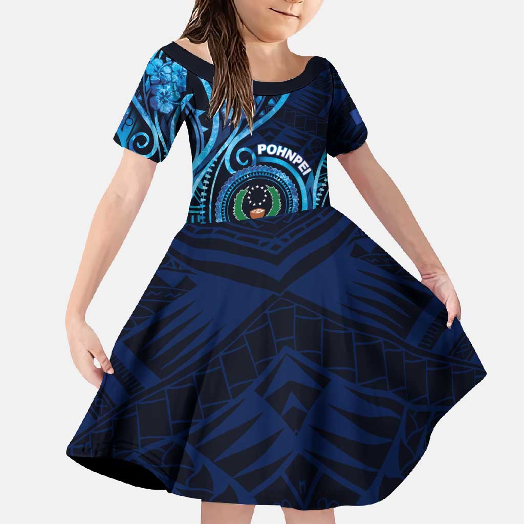 Personalised FSM Pohnpei Family Matching Long Sleeve Bodycon Dress and Hawaiian Shirt Ocean Floral Pattern LT05 Daughter's Dress Blue - Polynesian Pride