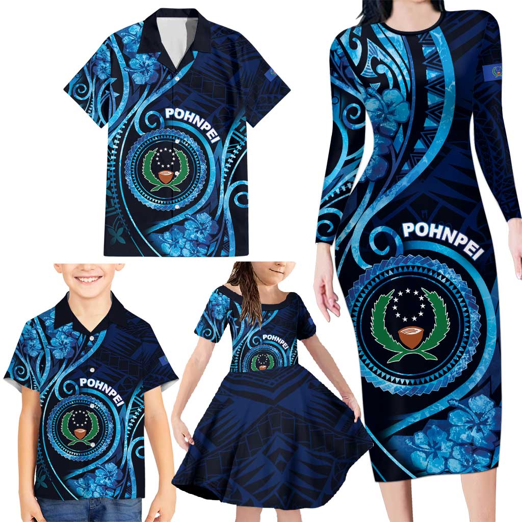 Personalised FSM Pohnpei Family Matching Long Sleeve Bodycon Dress and Hawaiian Shirt Ocean Floral Pattern LT05 - Polynesian Pride