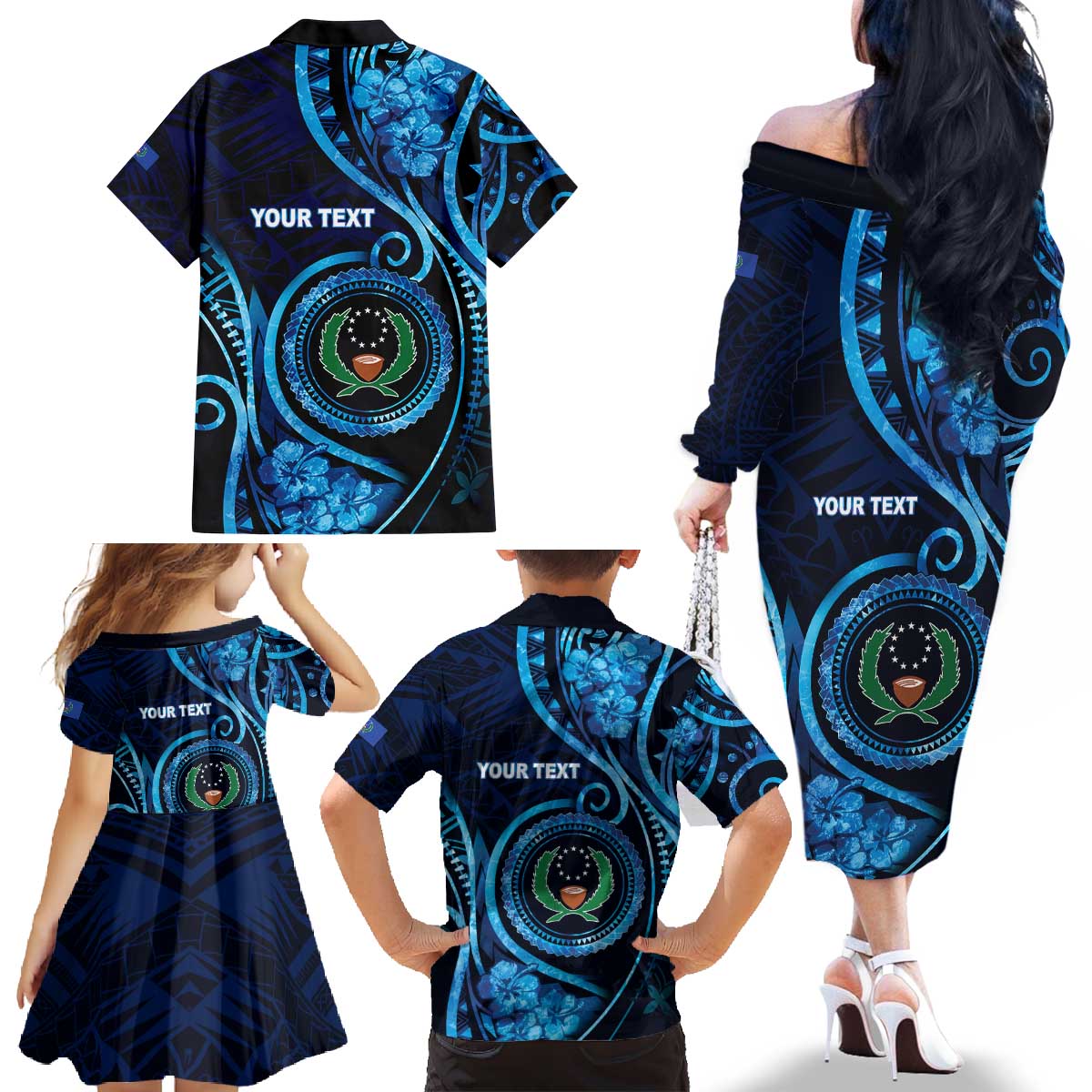 Personalised FSM Pohnpei Family Matching Off The Shoulder Long Sleeve Dress and Hawaiian Shirt Ocean Floral Pattern LT05 - Polynesian Pride