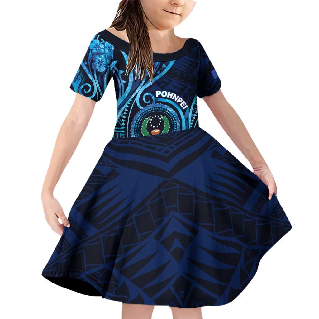 Personalised FSM Pohnpei Family Matching Off Shoulder Short Dress and Hawaiian Shirt Ocean Floral Pattern LT05 Daughter's Dress Blue - Polynesian Pride