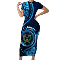 Personalised FSM Pohnpei Family Matching Short Sleeve Bodycon Dress and Hawaiian Shirt Ocean Floral Pattern LT05 Mom's Dress Blue - Polynesian Pride