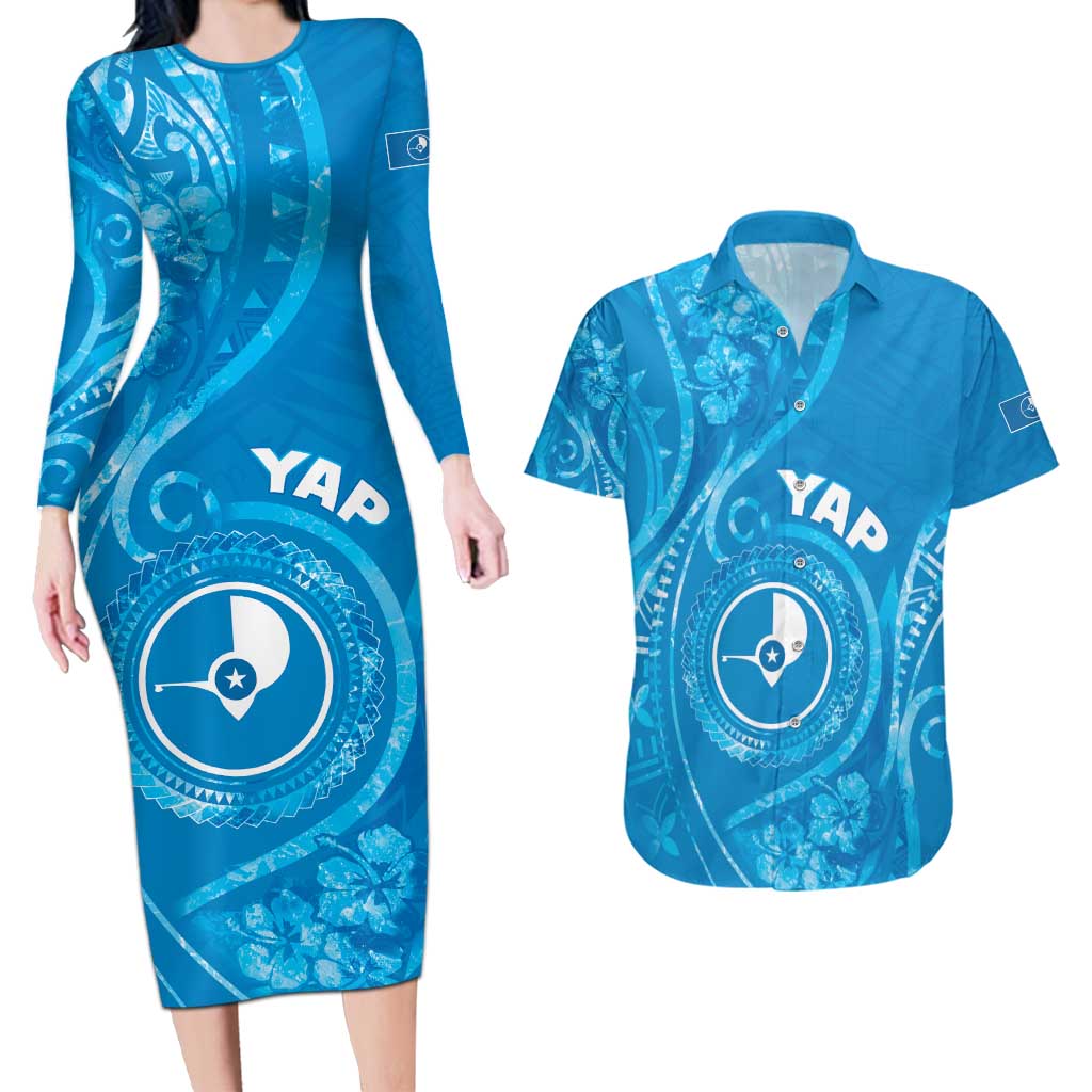 Personalised FSM Yap Couples Matching Long Sleeve Bodycon Dress and Hawaiian Shirt Ocean Floral Pattern LT05 Blue - Polynesian Pride