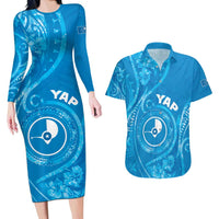 Personalised FSM Yap Couples Matching Long Sleeve Bodycon Dress and Hawaiian Shirt Ocean Floral Pattern LT05 Blue - Polynesian Pride