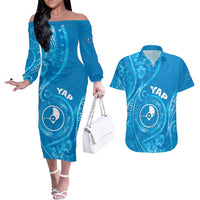 Personalised FSM Yap Couples Matching Off The Shoulder Long Sleeve Dress and Hawaiian Shirt Ocean Floral Pattern LT05 Blue - Polynesian Pride