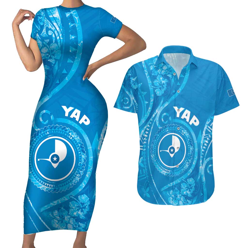 Personalised FSM Yap Couples Matching Short Sleeve Bodycon Dress and Hawaiian Shirt Ocean Floral Pattern LT05 Blue - Polynesian Pride