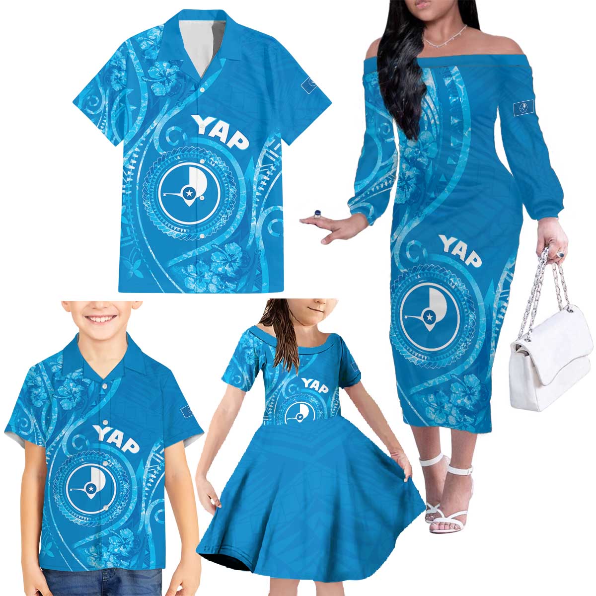 Personalised FSM Yap Family Matching Off The Shoulder Long Sleeve Dress and Hawaiian Shirt Ocean Floral Pattern LT05 - Polynesian Pride