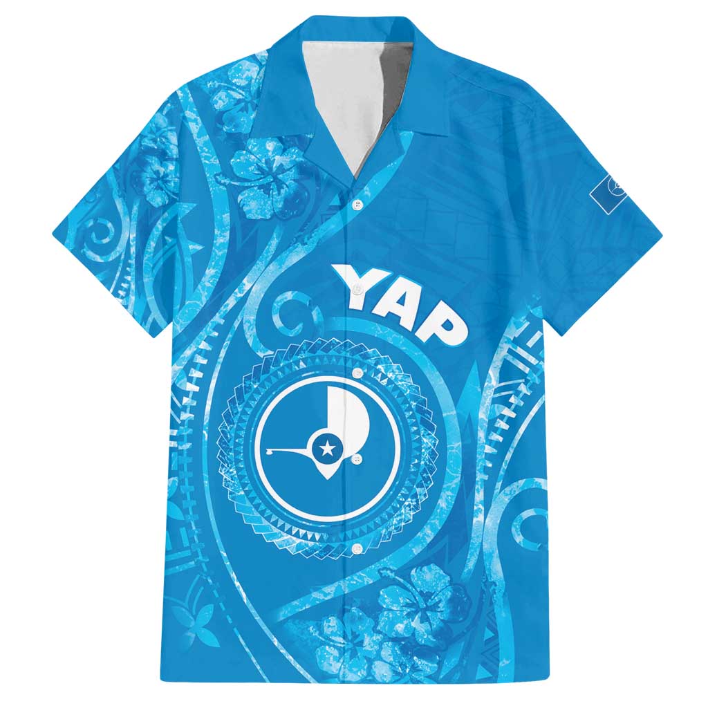 Personalised FSM Yap Family Matching Off Shoulder Maxi Dress and Hawaiian Shirt Ocean Floral Pattern LT05 Dad's Shirt - Short Sleeve Blue - Polynesian Pride