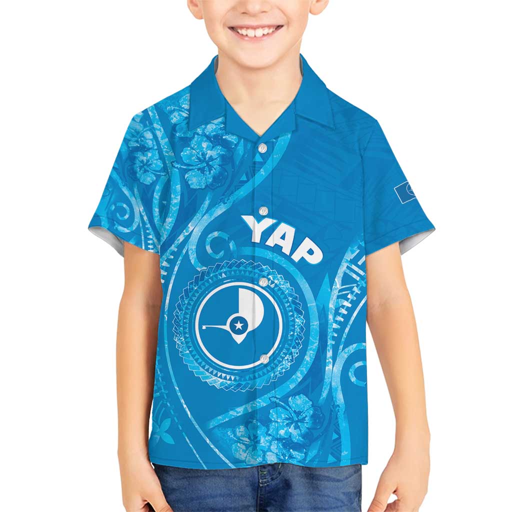 Personalised FSM Yap Family Matching Off Shoulder Maxi Dress and Hawaiian Shirt Ocean Floral Pattern LT05 Son's Shirt Blue - Polynesian Pride