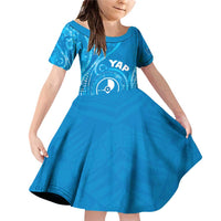 Personalised FSM Yap Family Matching Off Shoulder Short Dress and Hawaiian Shirt Ocean Floral Pattern LT05 Daughter's Dress Blue - Polynesian Pride