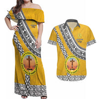 Personalised Anastasis College Couples Matching Off Shoulder Maxi Dress and Hawaiian Shirt Tonga Unique Style LT05 Yellow - Polynesian Pride