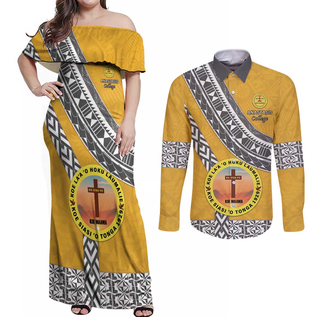 Personalised Anastasis College Couples Matching Off Shoulder Maxi Dress and Long Sleeve Button Shirt Tonga Unique Style LT05 Yellow - Polynesian Pride