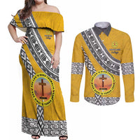 Personalised Anastasis College Couples Matching Off Shoulder Maxi Dress and Long Sleeve Button Shirt Tonga Unique Style LT05 Yellow - Polynesian Pride