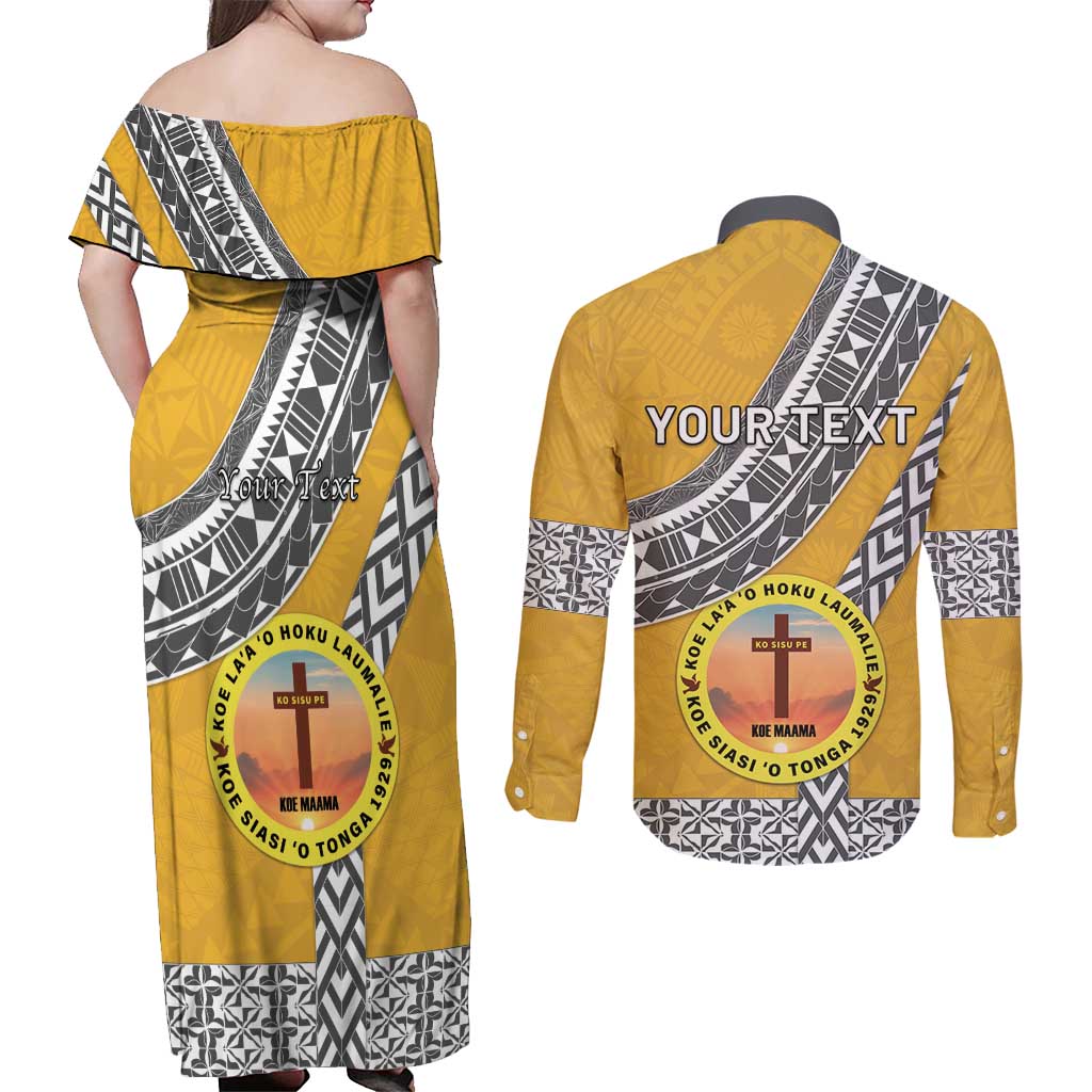 Personalised Anastasis College Couples Matching Off Shoulder Maxi Dress and Long Sleeve Button Shirt Tonga Unique Style LT05 - Polynesian Pride