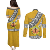 Personalised Anastasis College Couples Matching Puletasi and Long Sleeve Button Shirt Tonga Unique Style - Polynesian Pride