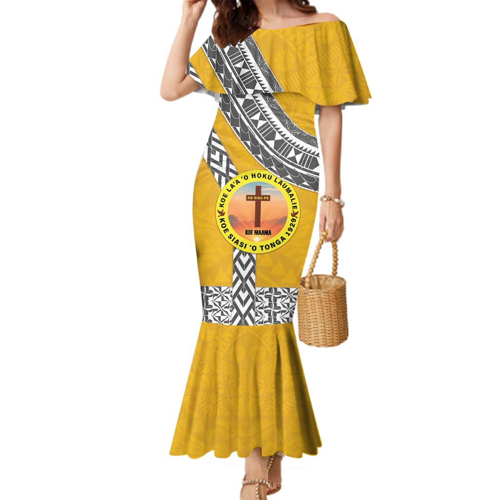 Personalised Anastasis College Family Matching Mermaid Dress and Hawaiian Shirt Tonga Unique Style LT05 Mom's Dress Yellow - Polynesian Pride