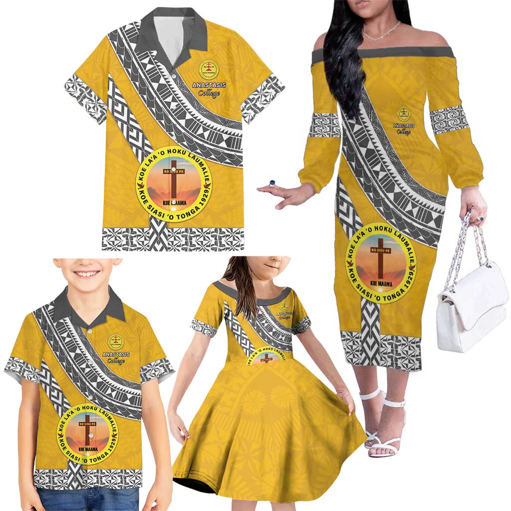 Personalised Anastasis College Family Matching Off The Shoulder Long Sleeve Dress and Hawaiian Shirt Tonga Unique Style LT05 - Polynesian Pride