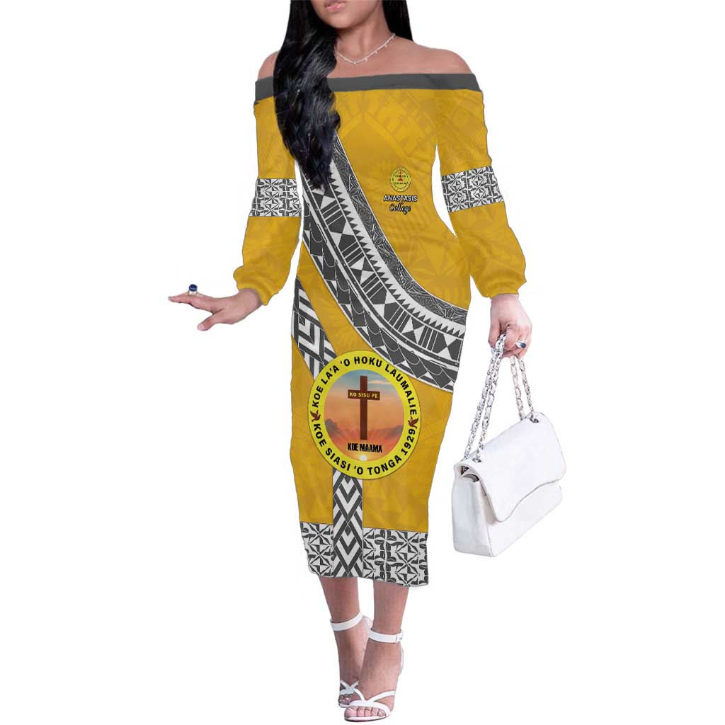Personalised Anastasis College Family Matching Off The Shoulder Long Sleeve Dress and Hawaiian Shirt Tonga Unique Style LT05 Mom's Dress Yellow - Polynesian Pride