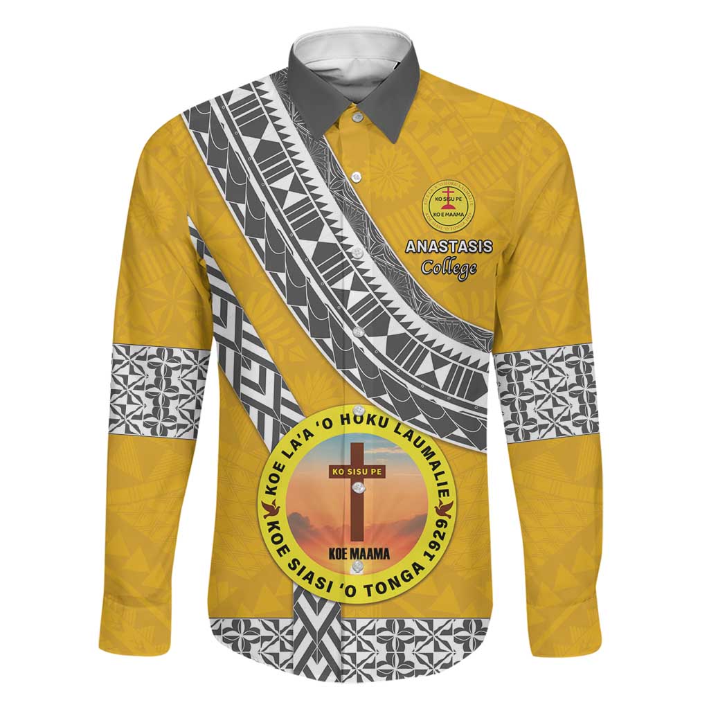 Personalised Anastasis College Family Matching Off Shoulder Maxi Dress and Hawaiian Shirt Tonga Unique Style LT05 Dad's Shirt - Long Sleeve Yellow - Polynesian Pride
