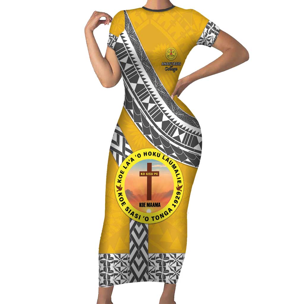 Personalised Anastasis College Short Sleeve Bodycon Dress Tonga Unique Style LT05 Long Dress Yellow - Polynesian Pride
