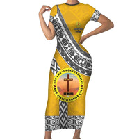 Personalised Anastasis College Short Sleeve Bodycon Dress Tonga Unique Style LT05 Long Dress Yellow - Polynesian Pride