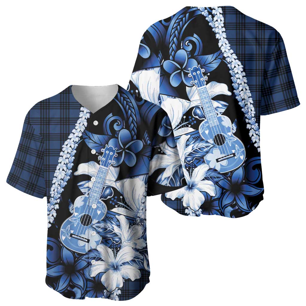 Hawaii Ukulele Baseball Jersey Tropical Flowers With Palaka Effect Blue Version - Polynesian Pride