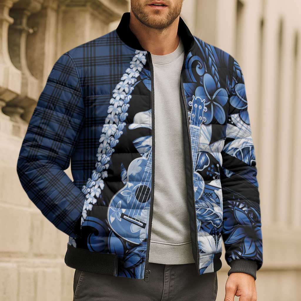 Hawaii Ukulele Bomber Puffer Jacket Tropical Flowers With Palaka Effect Blue Version - Polynesian Pride