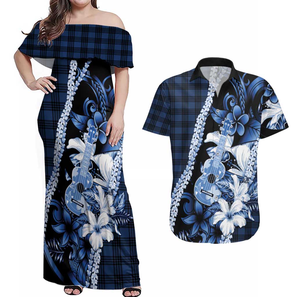 Hawaii Ukulele Couples Matching Off Shoulder Maxi Dress and Hawaiian Shirt Tropical Flowers With Palaka Effect Blue Version - Polynesian Pride