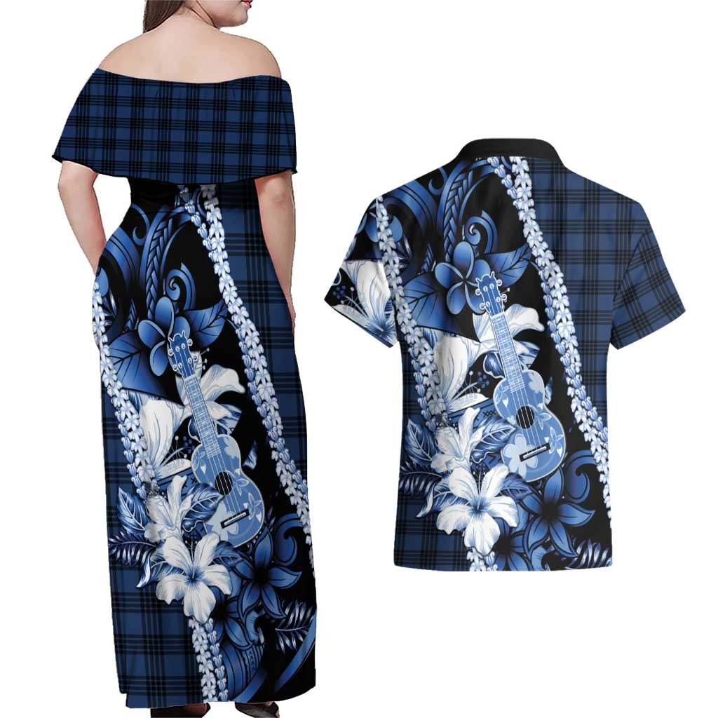 Hawaii Ukulele Couples Matching Off Shoulder Maxi Dress and Hawaiian Shirt Tropical Flowers With Palaka Effect Blue Version - Polynesian Pride