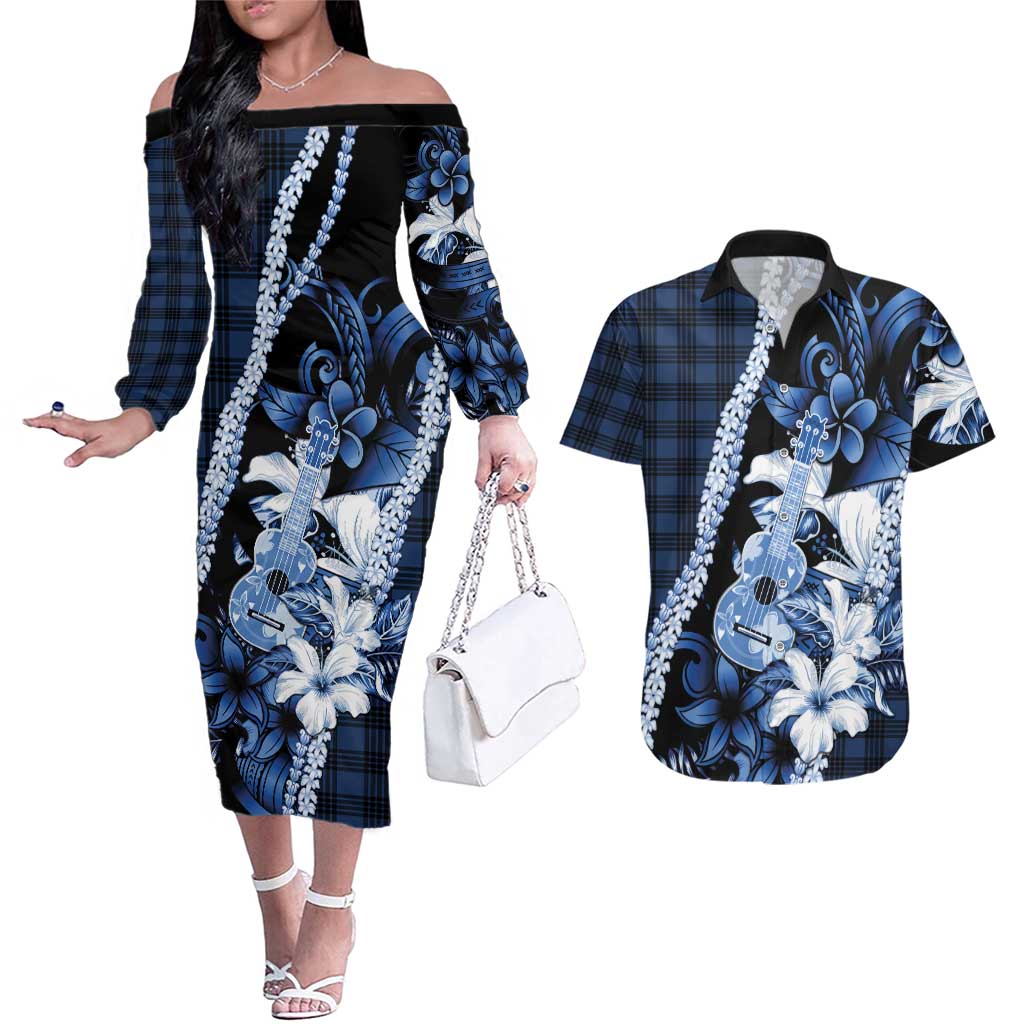 Hawaii Ukulele Couples Matching Off The Shoulder Long Sleeve Dress and Hawaiian Shirt Tropical Flowers With Palaka Effect Blue Version LT05 Blue - Polynesian Pride