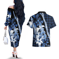 Hawaii Ukulele Couples Matching Off The Shoulder Long Sleeve Dress and Hawaiian Shirt Tropical Flowers With Palaka Effect Blue Version LT05 - Polynesian Pride