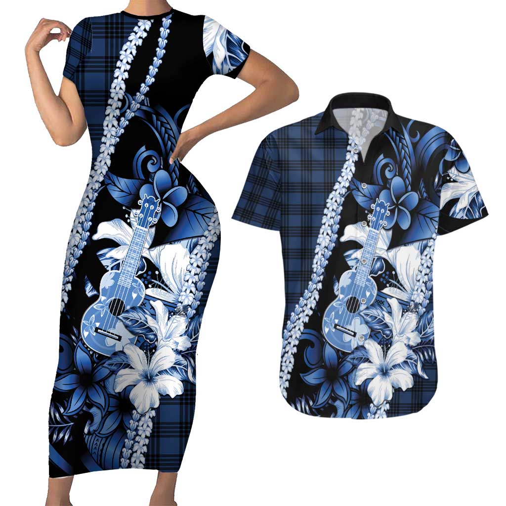 Hawaii Ukulele Couples Matching Short Sleeve Bodycon Dress and Hawaiian Shirt Tropical Flowers With Palaka Effect Blue Version LT05 Blue - Polynesian Pride
