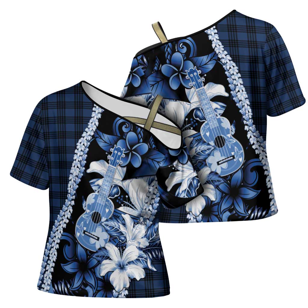 Hawaii Ukulele Cross Shoulder Shirt Tropical Flowers With Palaka Effect Blue Version - Polynesian Pride
