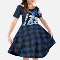 Hawaii Ukulele Family Matching Long Sleeve Bodycon Dress and Hawaiian Shirt Tropical Flowers With Palaka Effect Blue Version LT05 Daughter's Dress Blue - Polynesian Pride