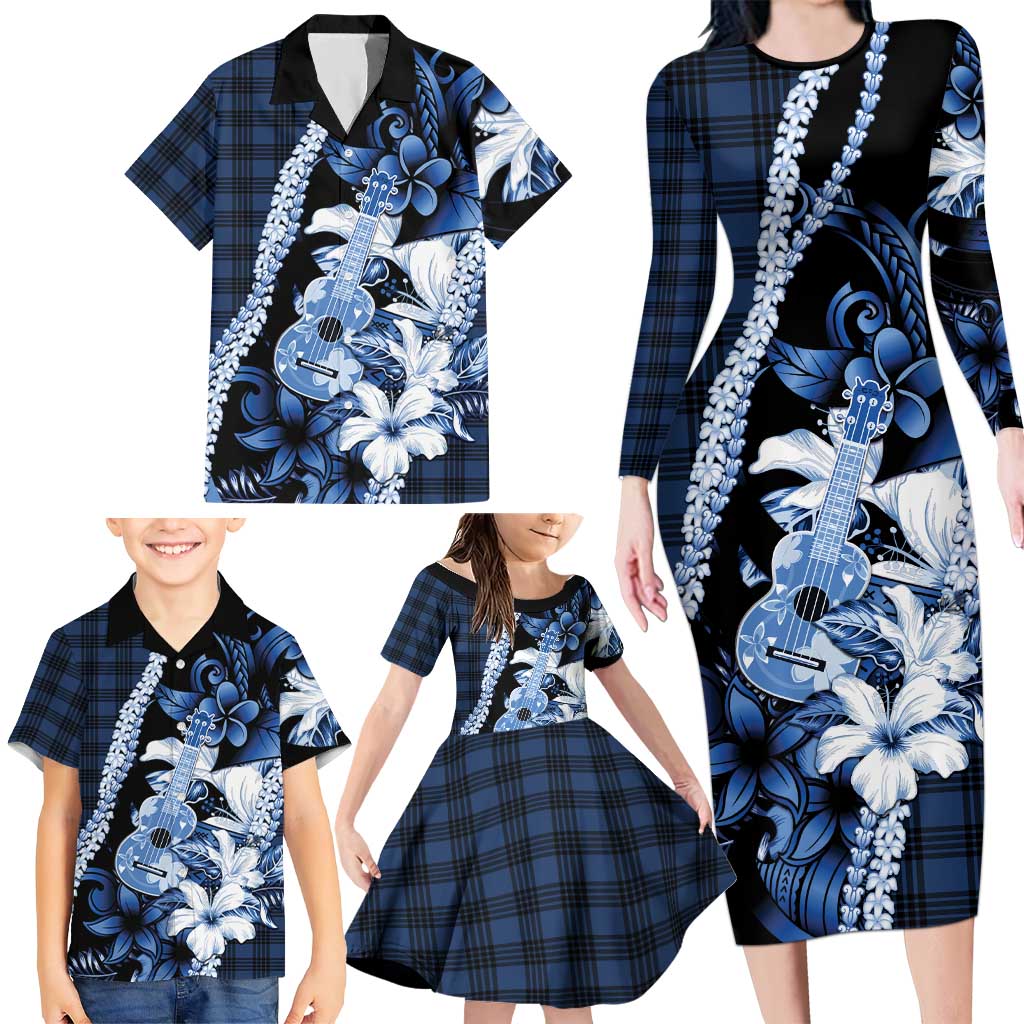 Hawaii Ukulele Family Matching Long Sleeve Bodycon Dress and Hawaiian Shirt Tropical Flowers With Palaka Effect Blue Version LT05 - Polynesian Pride
