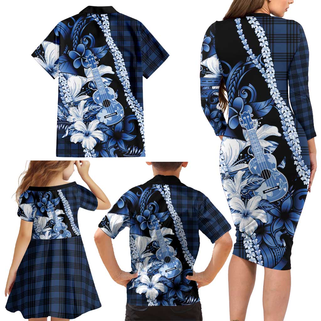 Hawaii Ukulele Family Matching Long Sleeve Bodycon Dress and Hawaiian Shirt Tropical Flowers With Palaka Effect Blue Version LT05 - Polynesian Pride