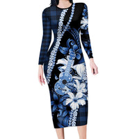 Hawaii Ukulele Family Matching Long Sleeve Bodycon Dress and Hawaiian Shirt Tropical Flowers With Palaka Effect Blue Version LT05 Mom's Dress Blue - Polynesian Pride