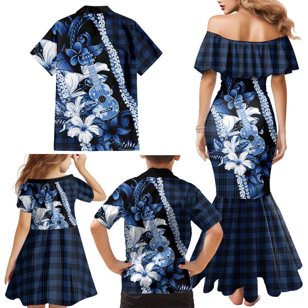 Hawaii Ukulele Family Matching Mermaid Dress and Hawaiian Shirt Tropical Flowers With Palaka Effect Blue Version LT05 - Polynesian Pride
