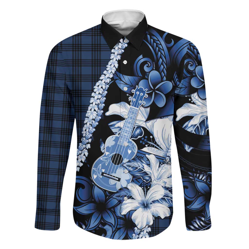 Hawaii Ukulele Family Matching Mermaid Dress and Hawaiian Shirt Tropical Flowers With Palaka Effect Blue Version LT05 Dad's Shirt - Long Sleeve Blue - Polynesian Pride