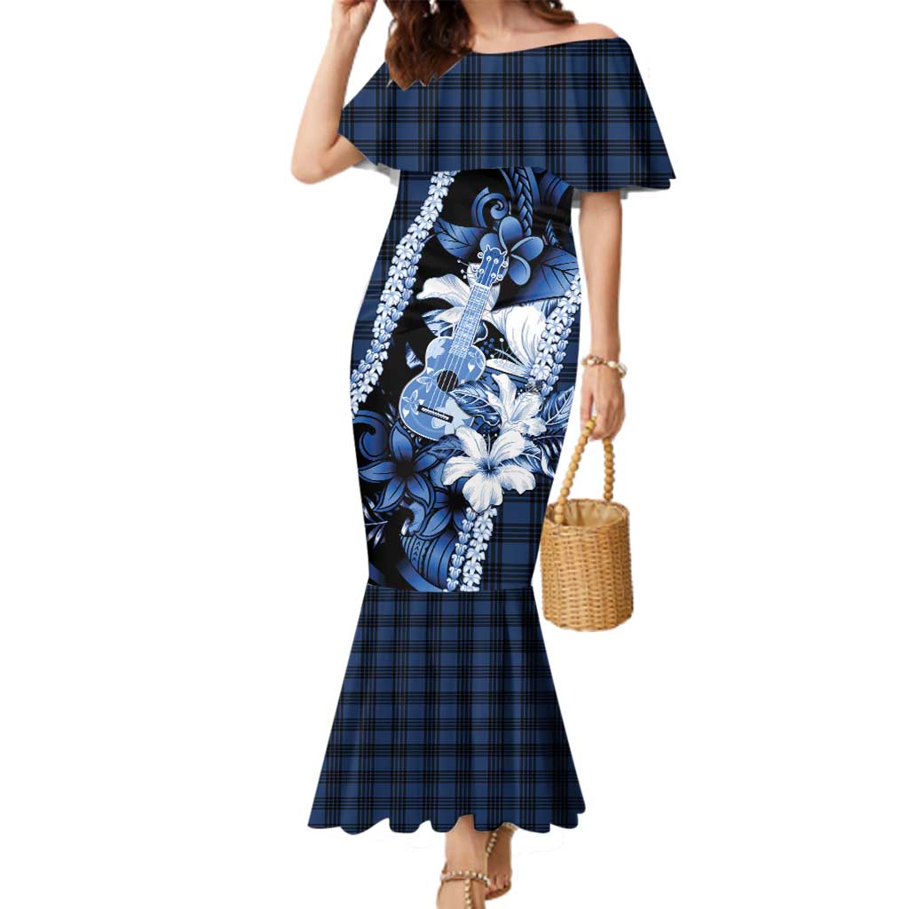 Hawaii Ukulele Family Matching Mermaid Dress and Hawaiian Shirt Tropical Flowers With Palaka Effect Blue Version LT05 Mom's Dress Blue - Polynesian Pride