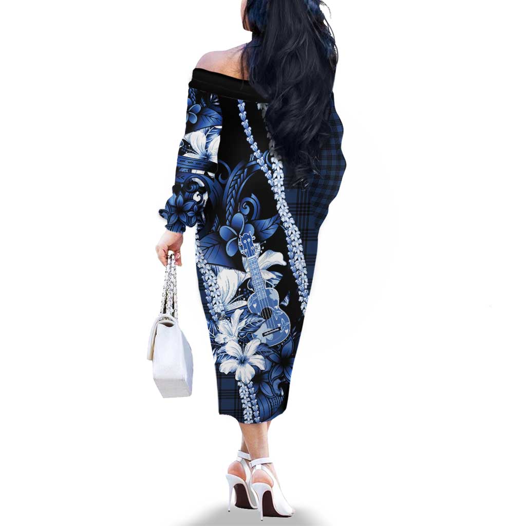 Hawaii Ukulele Family Matching Off The Shoulder Long Sleeve Dress and Hawaiian Shirt Tropical Flowers With Palaka Effect Blue Version LT05 - Polynesian Pride