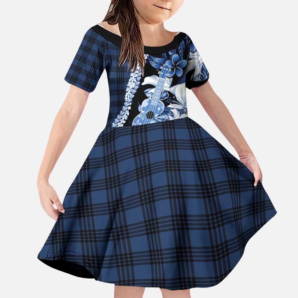Hawaii Ukulele Family Matching Off Shoulder Maxi Dress and Hawaiian Shirt Tropical Flowers With Palaka Effect Blue Version LT05 Daughter's Dress Blue - Polynesian Pride