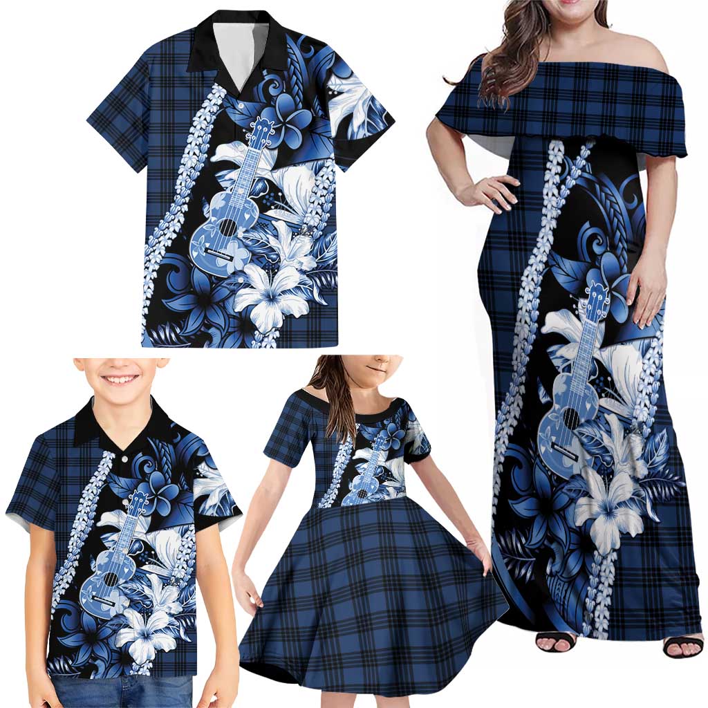 Hawaii Ukulele Family Matching Off Shoulder Maxi Dress and Hawaiian Shirt Tropical Flowers With Palaka Effect Blue Version LT05 - Polynesian Pride