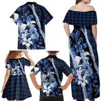 Hawaii Ukulele Family Matching Off Shoulder Maxi Dress and Hawaiian Shirt Tropical Flowers With Palaka Effect Blue Version LT05 - Polynesian Pride