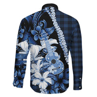 Hawaii Ukulele Family Matching Off Shoulder Maxi Dress and Hawaiian Shirt Tropical Flowers With Palaka Effect Blue Version LT05 - Polynesian Pride