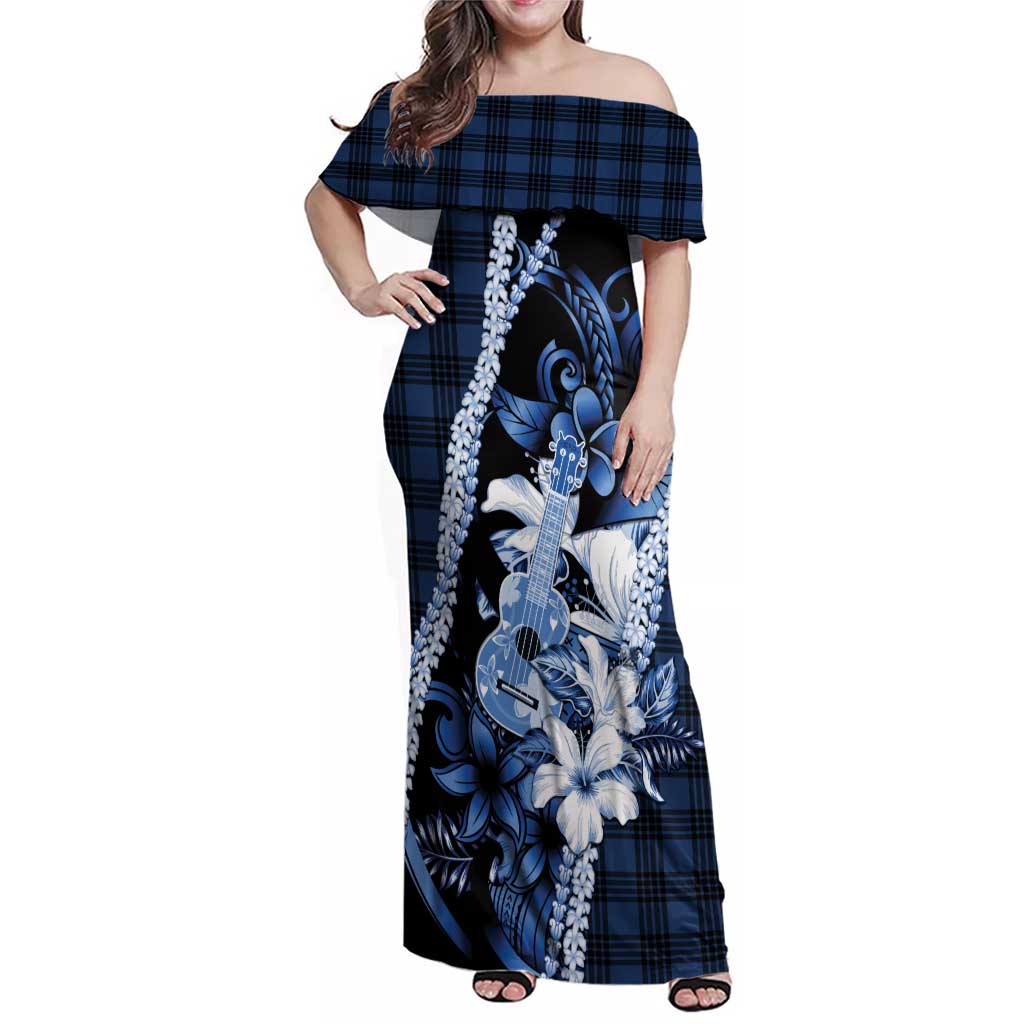 Hawaii Ukulele Family Matching Off Shoulder Maxi Dress and Hawaiian Shirt Tropical Flowers With Palaka Effect Blue Version LT05 Mom's Dress Blue - Polynesian Pride