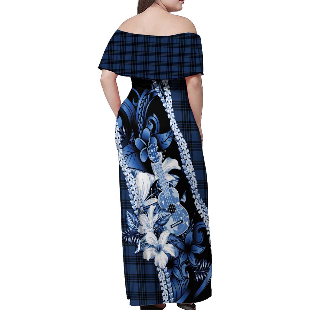 Hawaii Ukulele Family Matching Off Shoulder Maxi Dress and Hawaiian Shirt Tropical Flowers With Palaka Effect Blue Version LT05 - Polynesian Pride