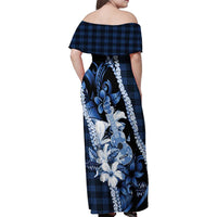 Hawaii Ukulele Family Matching Off Shoulder Maxi Dress and Hawaiian Shirt Tropical Flowers With Palaka Effect Blue Version LT05 - Polynesian Pride